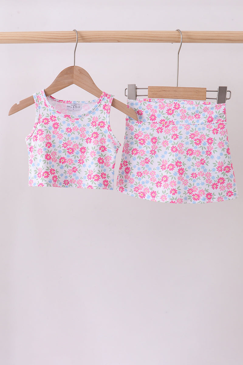 Pink floral print active skorts set