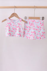 Pink floral print active skorts set