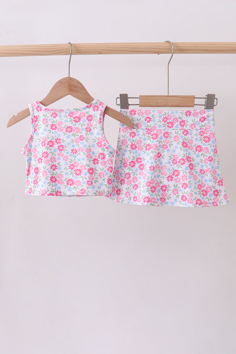 Pink floral print active skorts set