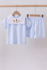 Blue stripe bunny carrot embroidery shorts set