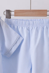 Blue stripe bunny carrot embroidery shorts set