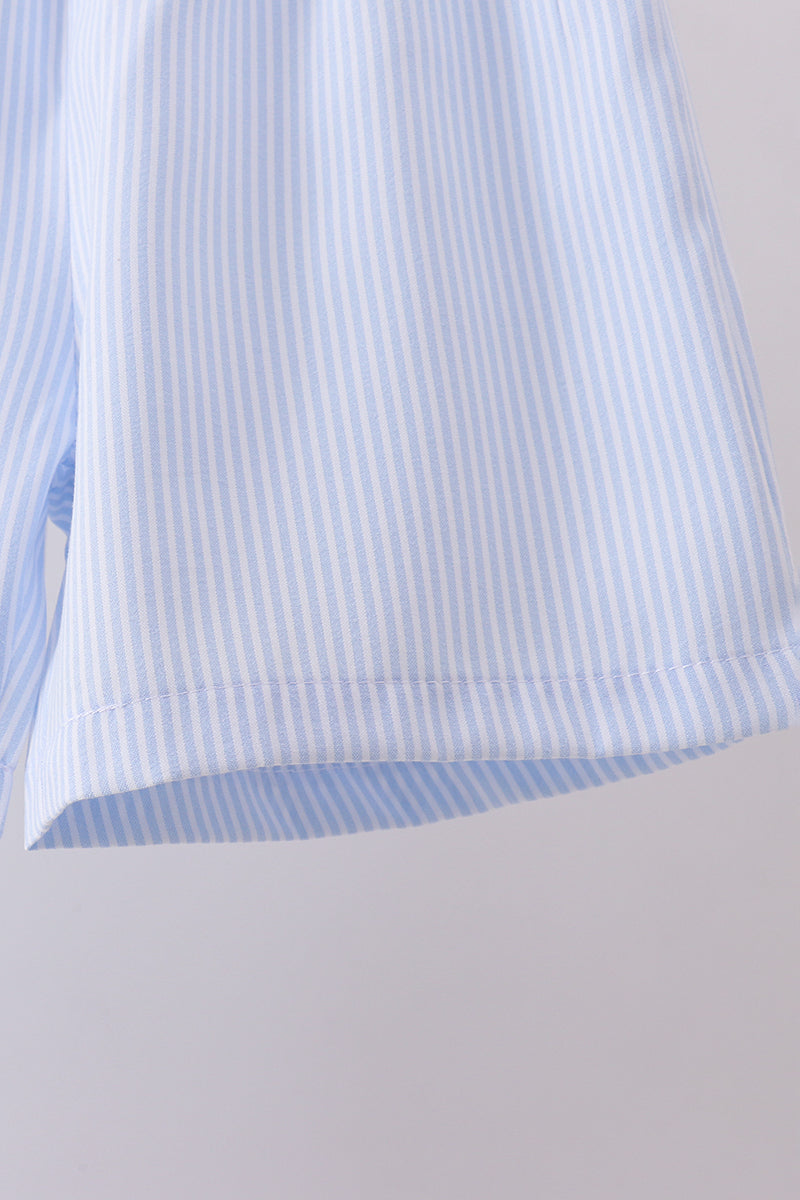 Blue stripe bunny carrot embroidery shorts set