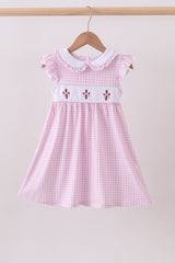 Pink cross embroidery gingham ruffle dress