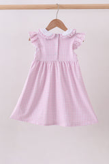 Pink cross embroidery gingham ruffle dress
