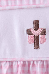 Pink cross embroidery gingham ruffle dress