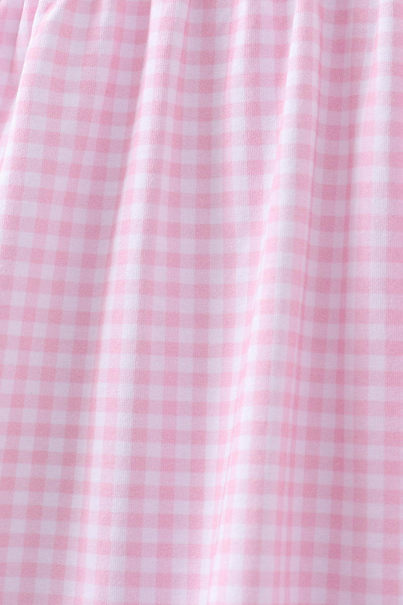 Pink cross embroidery gingham ruffle dress