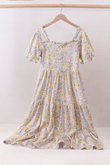 Floral print puff sleeve tiered dress