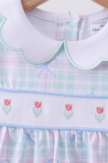 Blue plaid bow floral pants set