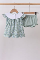 Sage floral cross embroidery ruffle bloomer set