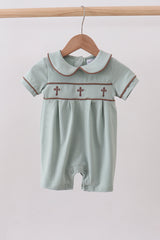 Sage cross embroidery peter pan collar romper