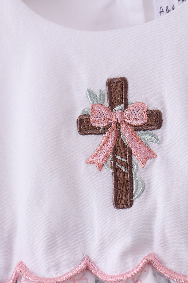 Pink cross embroidery floral bow bubble