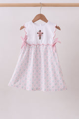 Pink cross embroidery floral bow dress