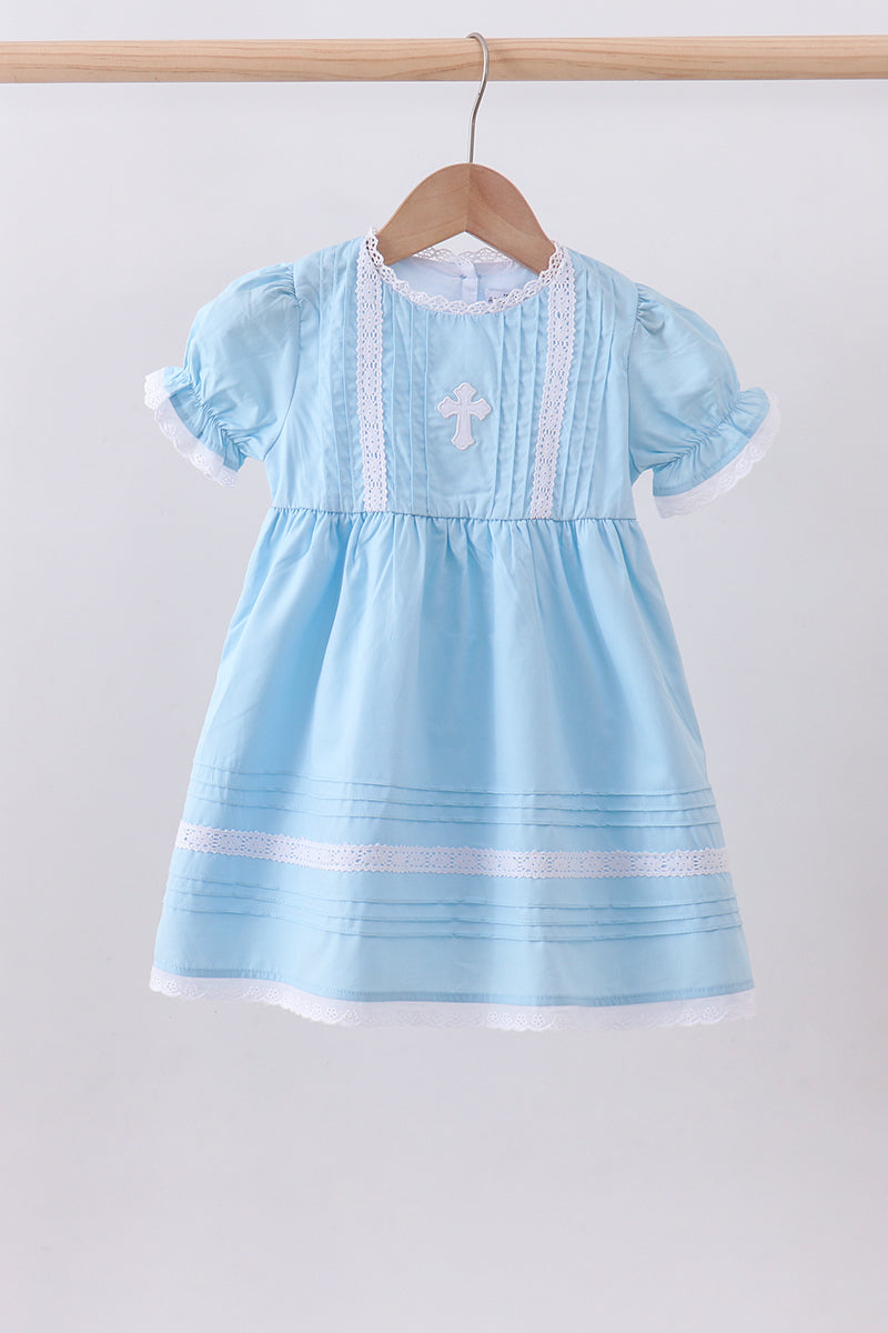 Blue cross embroidery lace dress