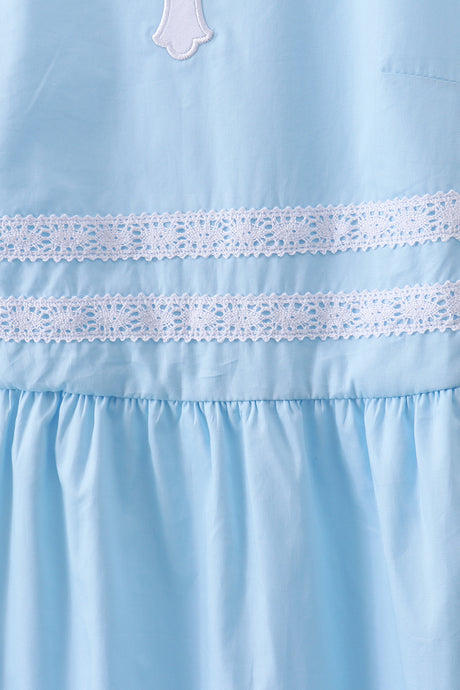 Blue cross embroidery ruffle tiered dress