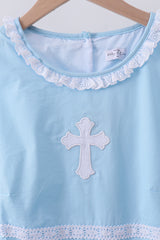 Blue cross embroidery ruffle tiered dress