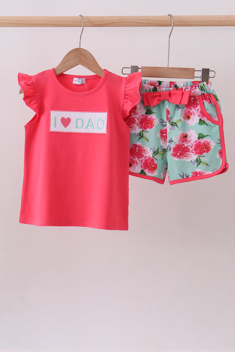 Pink floral I love Dad embroidery shorts set