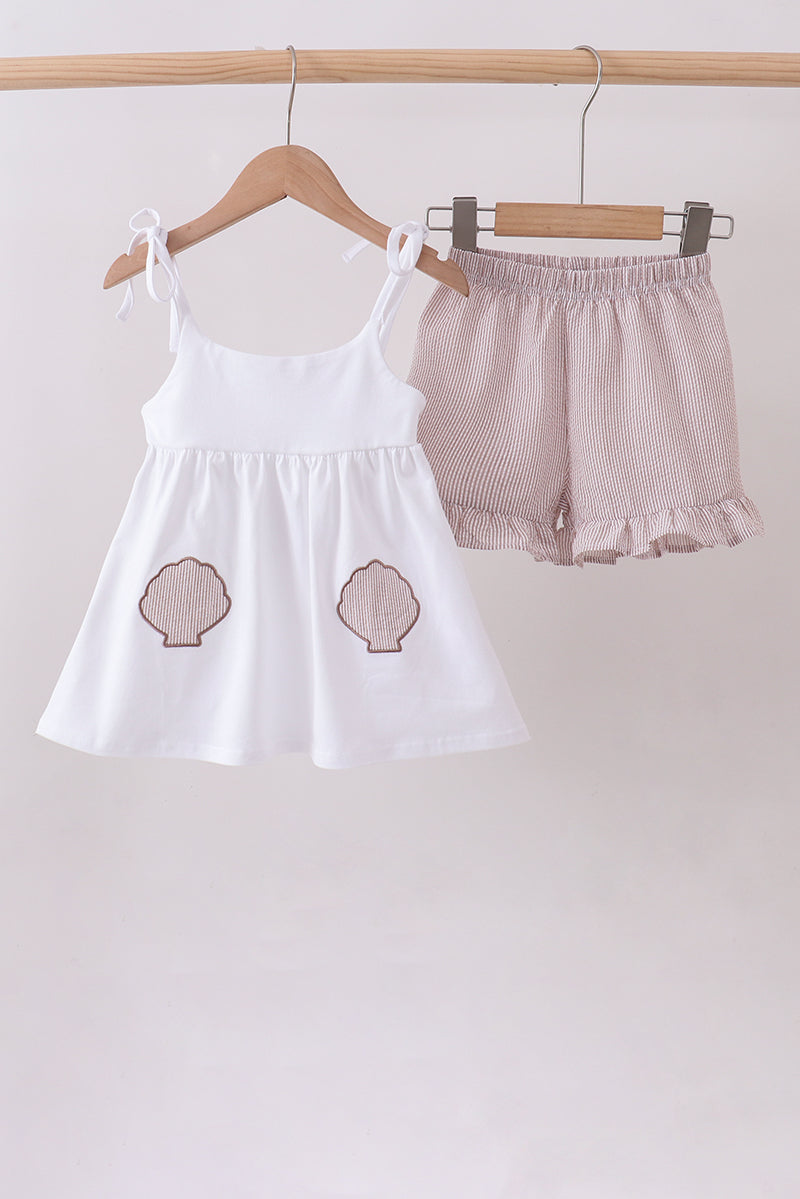 Ivory shell embroidery ruffle shorts set