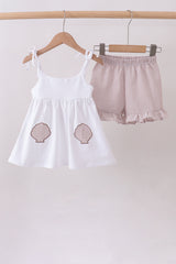 Ivory shell embroidery ruffle shorts set