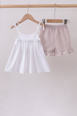 Ivory shell embroidery ruffle shorts set
