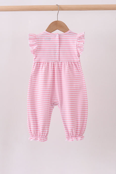 Pink floral embroidery stripe ruffle romper