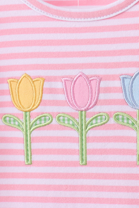 Pink floral embroidery stripe ruffle dress