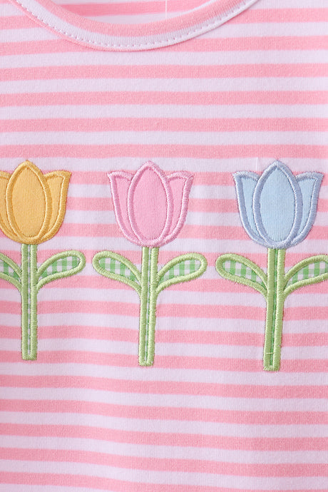 Pink floral embroidery stripe ruffle shorts set