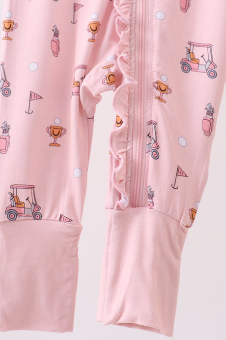 Pink golf cart print bamboo romper