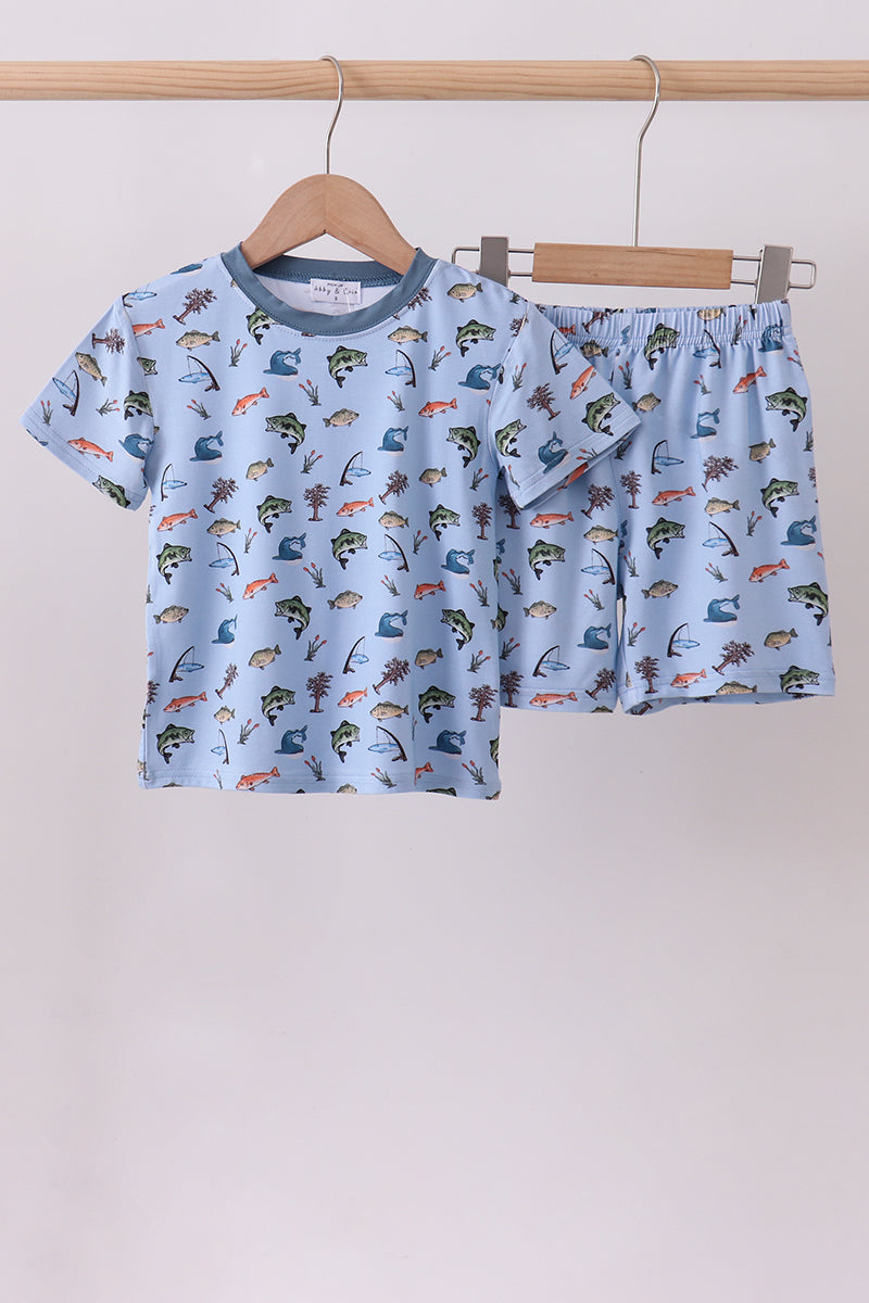 Blue fish print bamboo pajama set