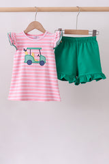 Pink golf cart applique stripe ruffle shorts set