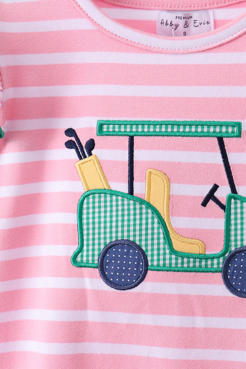 Pink golf cart applique stripe ruffle shorts set
