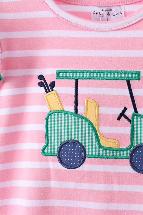 Pink golf cart applique stripe ruffle shorts set