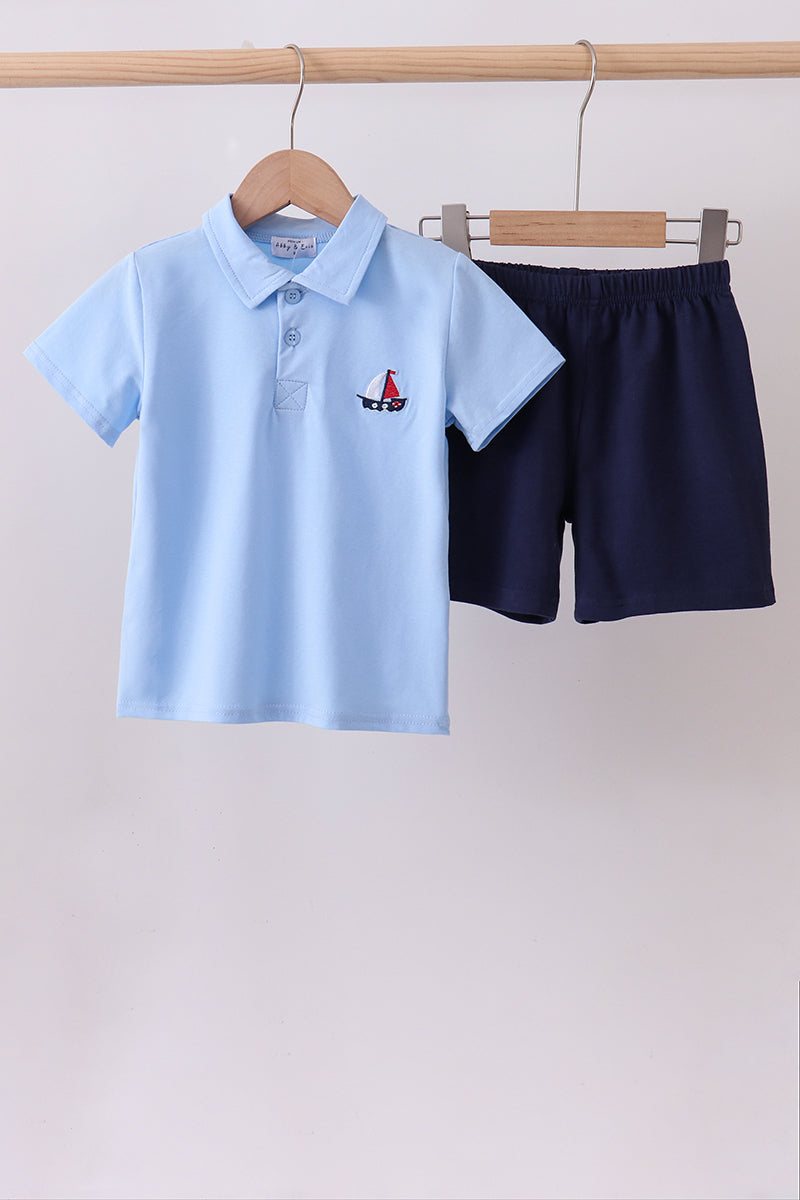 Blue sailboat embroidery shorts set