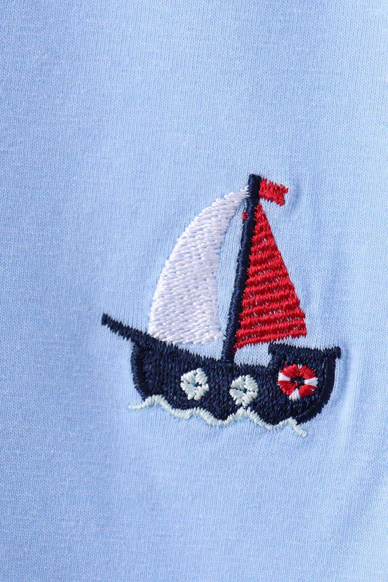 Blue sailboat embroidery shorts set