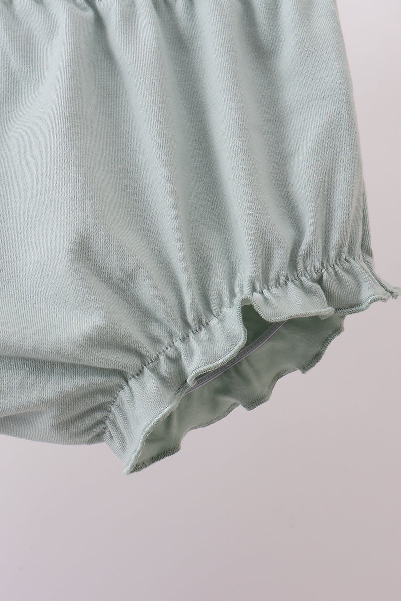 Sage strawberry embroidery ruffle gingham bloomer set