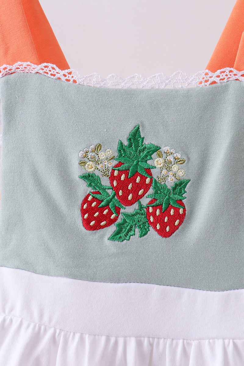 Sage strawberry embroidery ruffle bloomer set