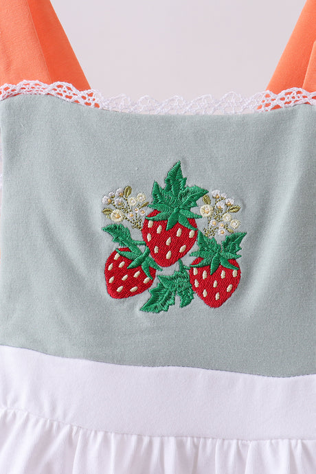 Sage strawberry embroidery ruffle bloomer set
