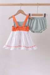 Sage strawberry embroidery ruffle bloomer set