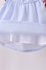 Blue stripe bow fireworks embroidery ruffle shorts set