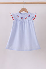 Blue stripe bow fireworks embroidery ruffle dress
