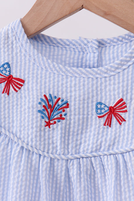 Blue stripe bow fireworks embroidery ruffle dress