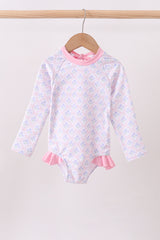 Pink floral print ruffle rashguard