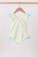 Yellow shell print bow ruffle swimsuit