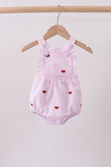 Pink stripe watermelon embroidery seersucker ruffle bubble