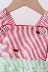 Red stripe watermelon embroidery seersucker bubble