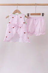 Pink stripe watermelon embroidery seersucker shorts set