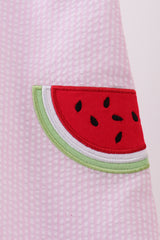 Pink stripe watermelon embroidery seersucker dress
