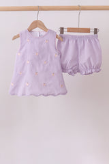 Purple seersucker butterfly embroidery shorts set