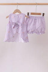 Purple seersucker butterfly embroidery shorts set