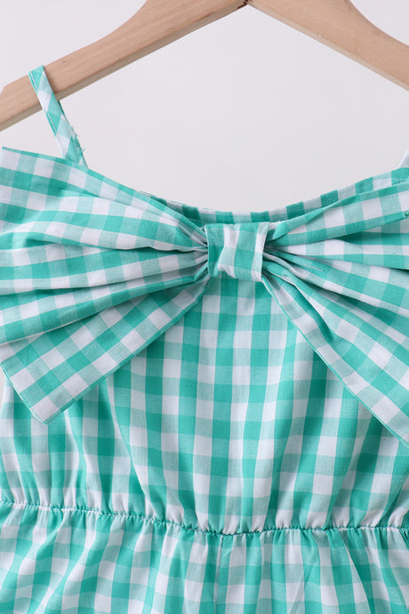 Green bow gingham jumpsuit