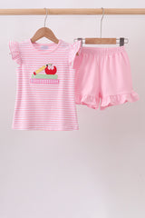 Pink Apple Pencil Embroidery Short Set